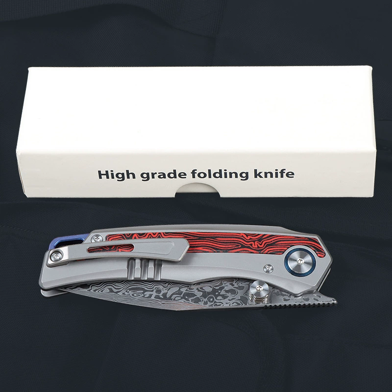 Outdoor high hardness powder-free Damascus steel collection knife Damascus titanium alloy handle folding knife gift box folding knife
