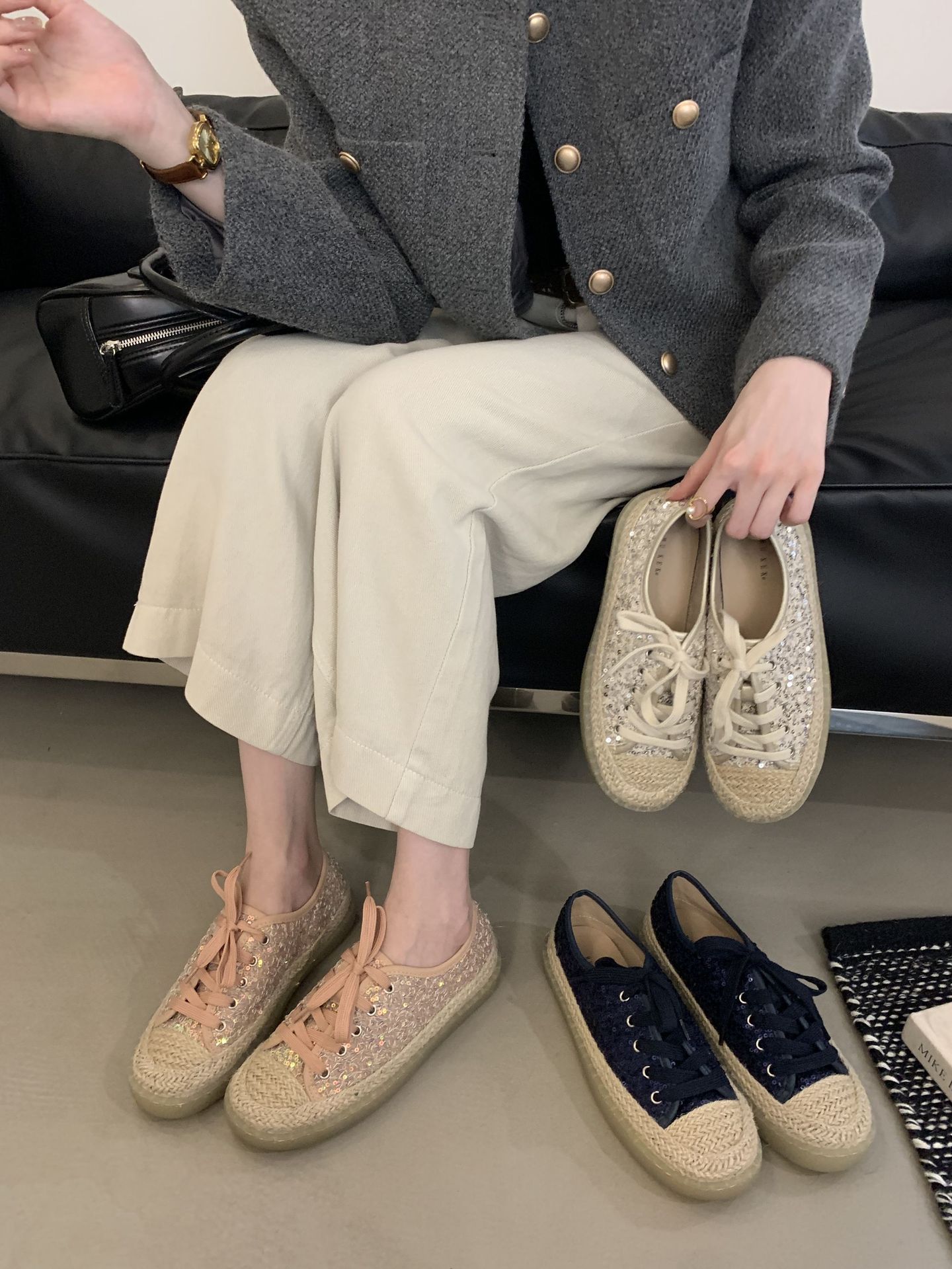 French-style High-end Straw-woven Thick-soled Lace-up Sequined Fisherman For Women, Slip-on Loafers, Fashionable Casual_vogvips.com