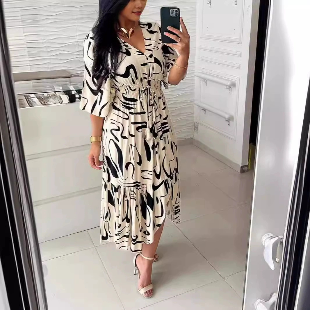 Европейский вокзал 2024 Новый летний V-образный вырез с высокой талией платье на шнуровке