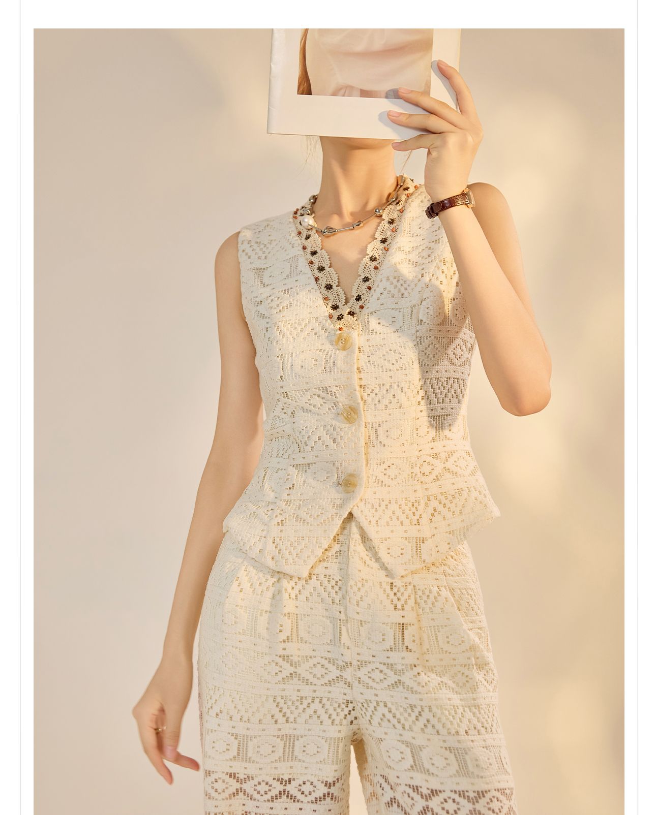 Bộ vest quần dài nữ cổ chữ V khoét lỗ phong cách retro cao cấp mùa hè 2026 — Quần dài, Vest [có dây ruy băng] chi tiết 17