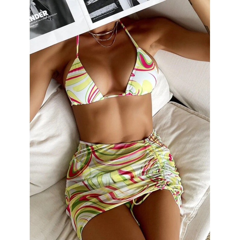 Mingyi nuevo bikini europeo y americano sexy bikini traje de baño mujer dividida multicolor patrón malla falda traje de tres piezas