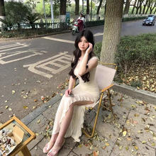 Y2K夏季甜辣妹开叉吊带连衣裙女小飞袖收腰网纱裙子不规则长裙