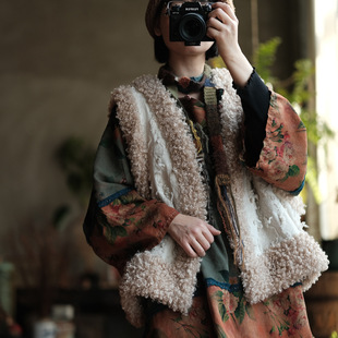Luoguni Light Custom-Made Retro Cotton and Linen Sheep Curly Quilted Waistcoat Cotton Coat 2233 Cut Flowers
