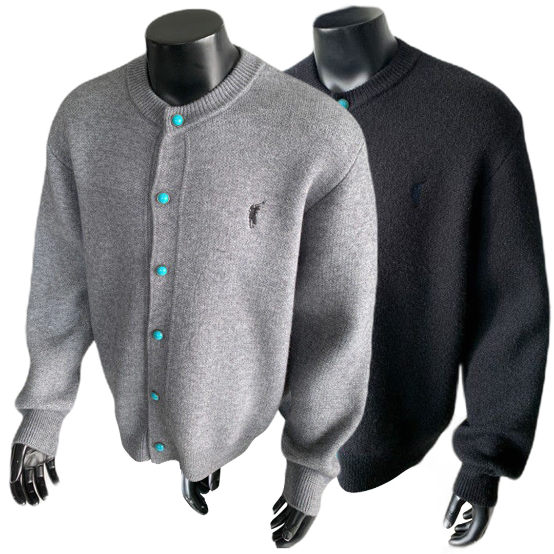 Explosiones transfronterizas de tamaño europeo bordado cardigan jersey suéter hombre chaqueta vieja fábrica de viento de dinero turquesa mayorista