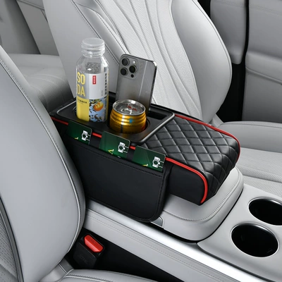 Armrest box protection pad central leather elbow - water-cup-holder-black-and-red-line