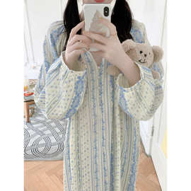 实拍2025秋季新款兰花双层纱珍珠扣子棉纱长袖睡裙外贸批发