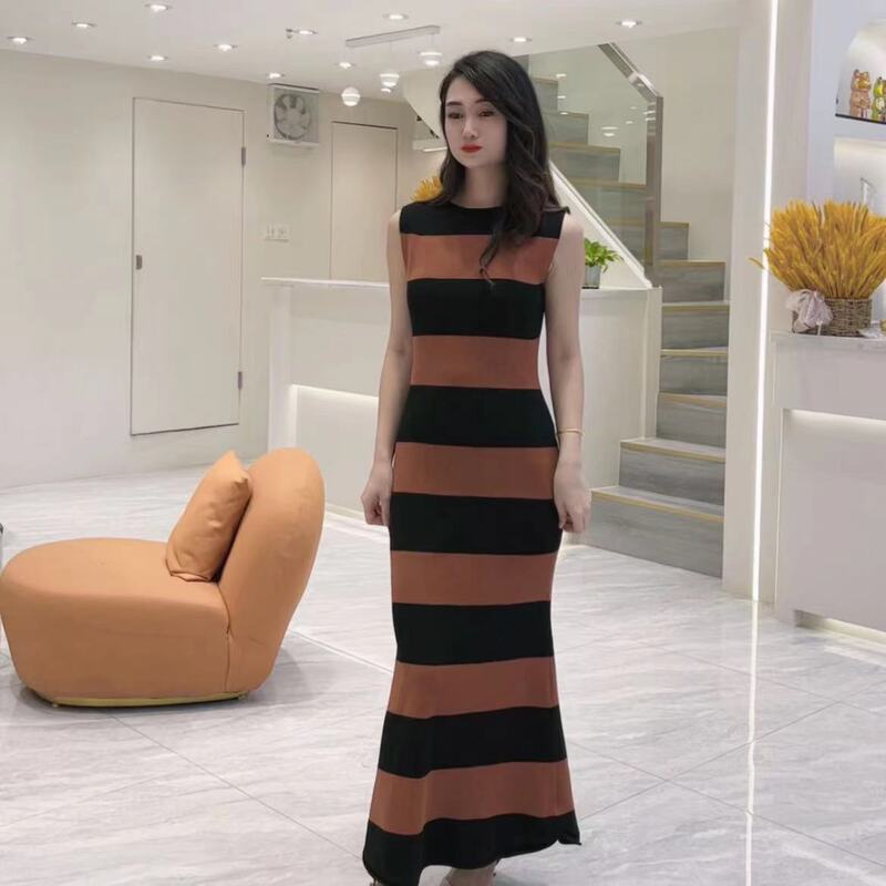Draping fashionable curling contrast color striped super long knitted dress summer high-grade elegant slim-fit sheath dress
