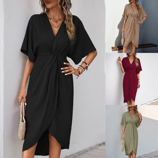 Amazon European and American Hot-Selling Cross-Border Casual Dating Simple Style Raglan Sleeve Solid Color Irregular Dress