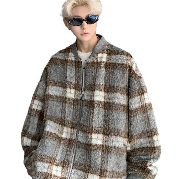 Tendencia de moda cleanfit marca de moda americano retro camisa de lana a cuadros chaqueta pequeña fragancia pareja