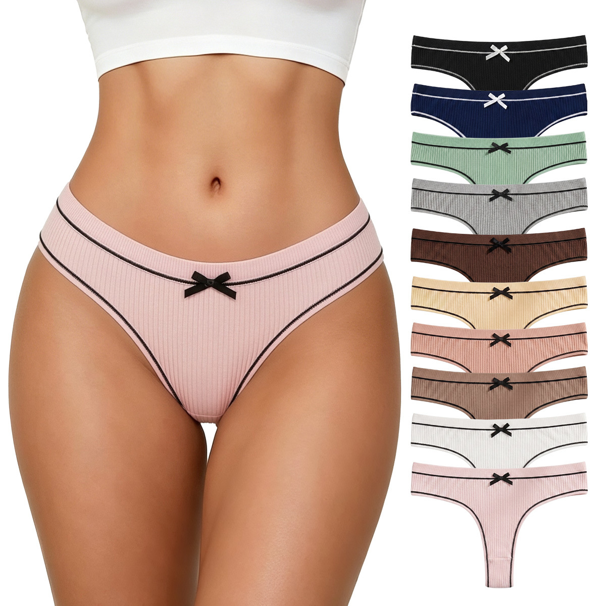 Cross-border ribbed women's thong with bow, breathable, seamless T-back, OEM private label factory, bulk stock available