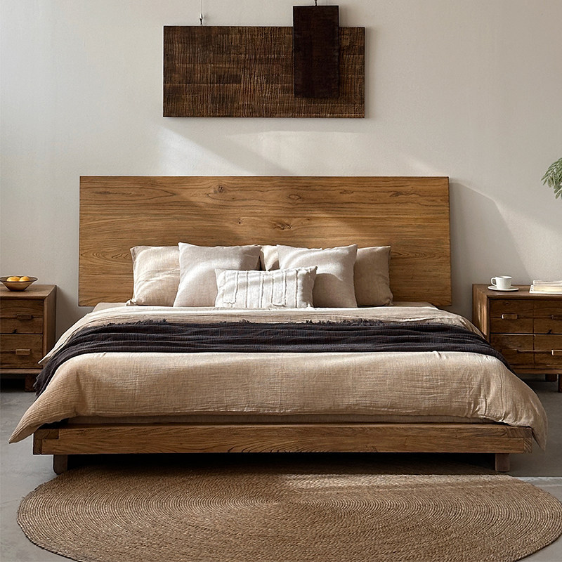 Wabi-Sabi Style Solid Wood Bed Tatami Bed 1.8m Double Bed 1.5m Bed and Breakfast Hotel Villa Platform Log Low Bed