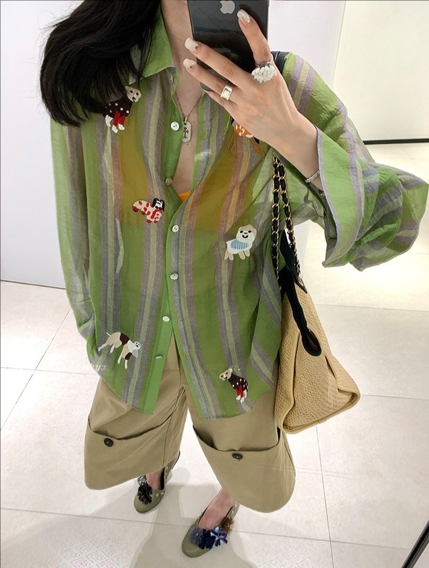 欧阳小狗刺绣轻薄防晒衬衫女夏季设计感小众复古衬衣宽松上衣|undefined