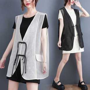 Real Shot~ Plus-Size Thin Chinese-Style Mesh Vest with Buttons, Fashionable Outerwear V-Neck Sleeveless Jacket Trendy