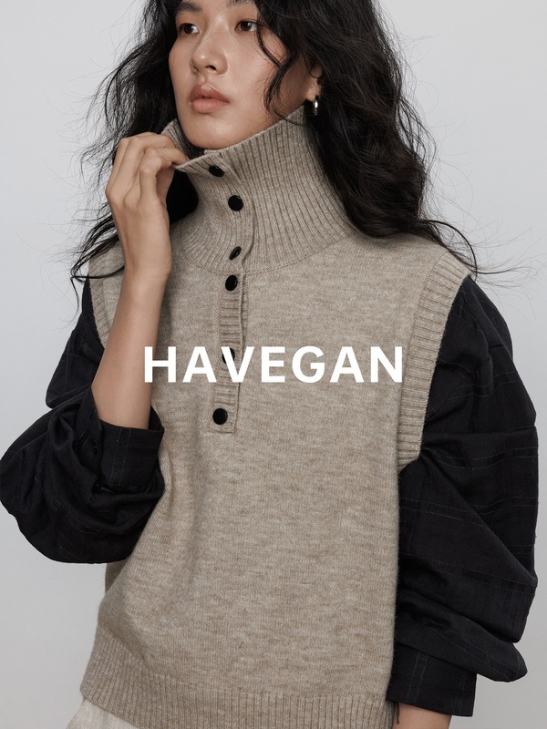 与间HAVEGAN/秋季翻领无袖针织马甲女软糯外穿毛衣背心慵懒上衣|undefined