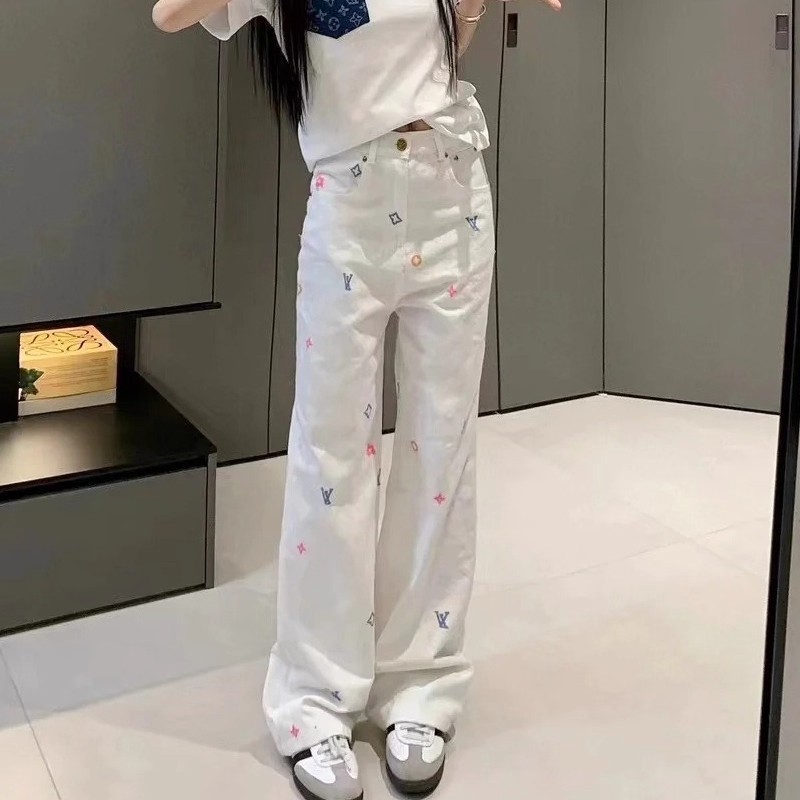白色小香风牛仔裤女2025年秋季高腰刺绣小众设计感窄版宽松直筒裤|undefined