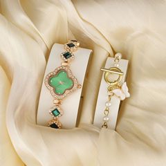 新款女士輕奢金鑲玉手錶 個性法式小眾祖母綠四葉草手鍊石英表女