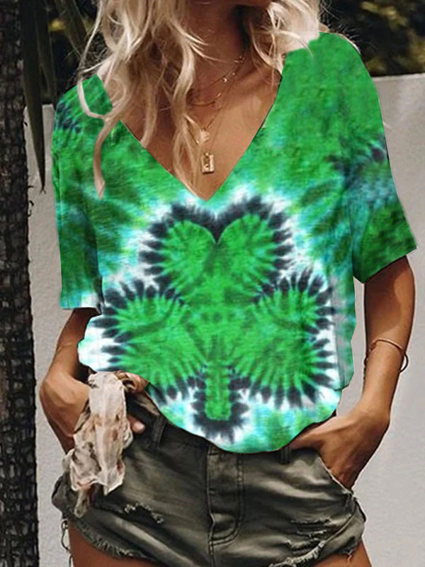 Cross-border e-commerce independent station shopify Amazon new Clover tie-dyed color-changing design printed women's T-shirt