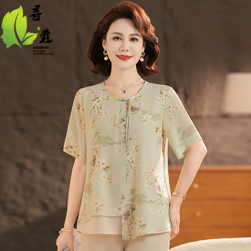Мама одеваются летние новые рубашки модные средние и пожилые шифоновые топы тонкие женские летние платья рубашки с короткими рукавами