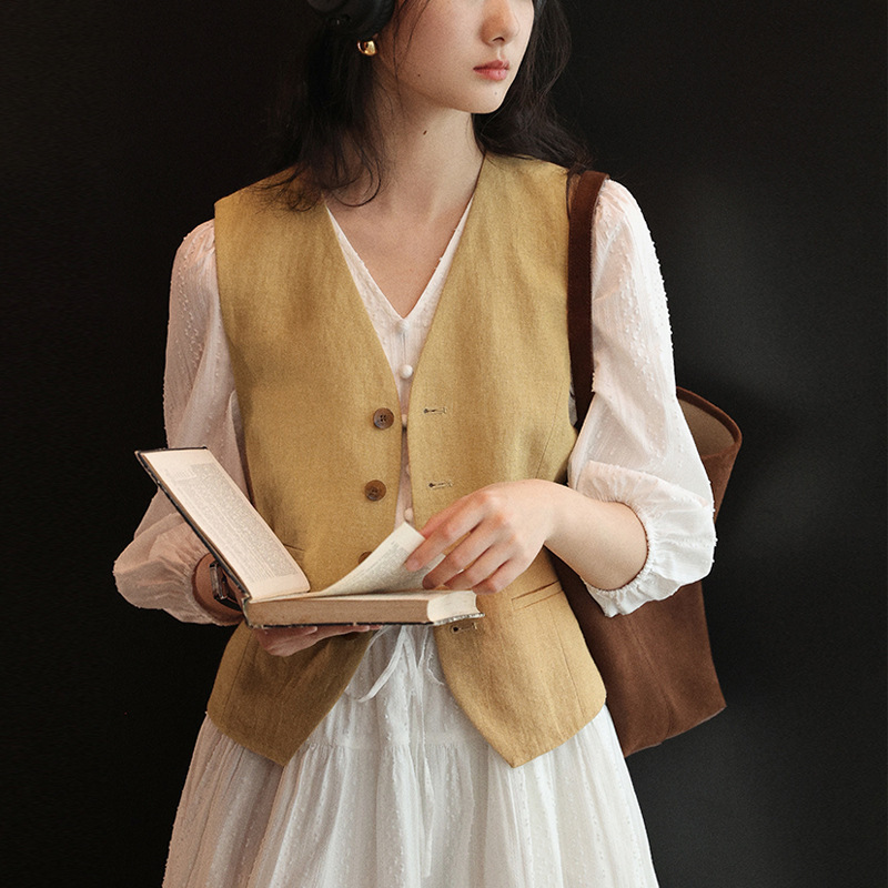 Venice Market Sand Washed Full Linen Waist Vest Women's Spring and Summer Layered Top Casual Suit French Style