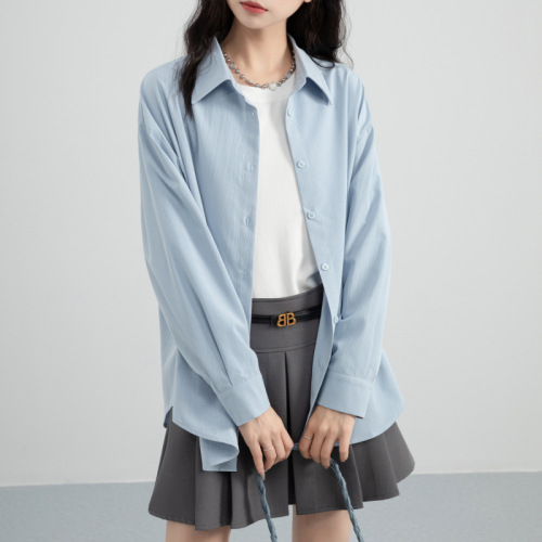 Blue Chiffon Shirt for Women - Spring and Autumn Season 2025 - Loose and Slimming Collar-Up Long-Sleeve Blouse