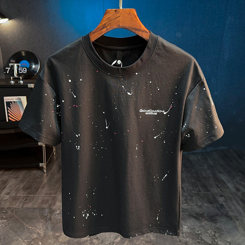 Trendy Ink Wash T-Shirt Short Sleeve Men's Summer Thin Round Neck Large Size Breathable Sweatshirt High-Count High-Density Embroidered White T Street Style