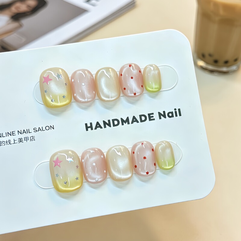 Handmade Starburst Pomelo Nails: Elegant Cat Eye False Nails with a Whitening Effect, High-End Cute Nail Stickers