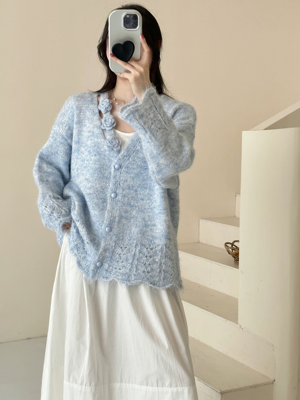 2025秋冬新款立体花朵亮片甜美温柔风针织开衫设计感毛衣外套女潮|undefined