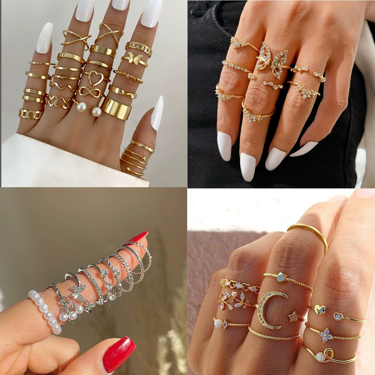 Ring multi-joint set, European style, metal adjustable stackable rings, assorted designs