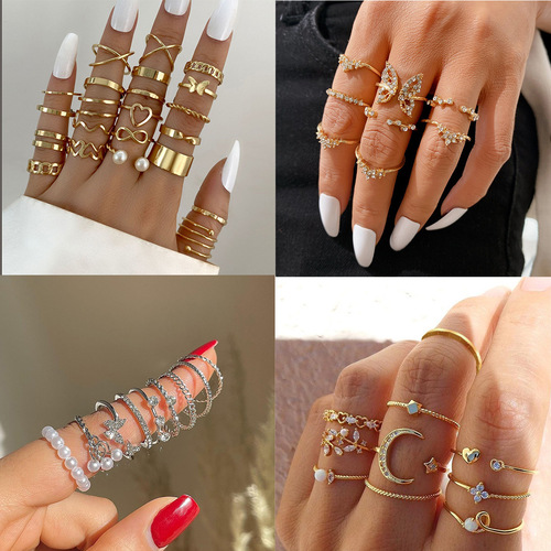 Set of 8 Simple Ring Sets with New European and American Cross-Border Design, Butterfly Open Ring with Full Diamond Micro-Setting