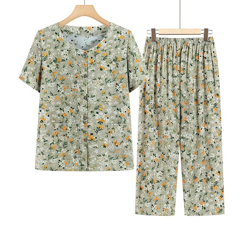 Summer Clothing for Middle-Aged and Elderly Women, Cotton Silk Set for Mothers Aged 60-70, Cardigan Loungewear, Pajamas, Wholesale