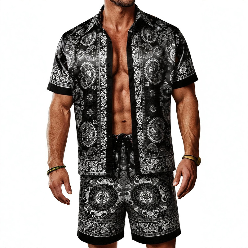 ZSJR Men's Hawaiian Shirt Set, Satin Silk Casual Button-Down Shirt, 2-Piece Set, Luxurious Summer Outfit