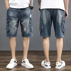 夏のファッションカジュアル多ポケットゆるいジーンズのトレンドゆるい工装ズボン復古ジーンズ五分ズボン