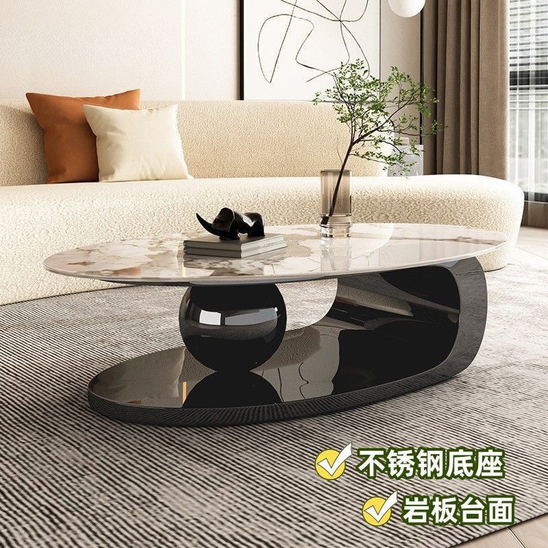Italian Minimalist Light Luxury Rock Plate Coffee Table TV Cabinet Combination Oval Stainless Steel Small Apartment Household Simple Modern