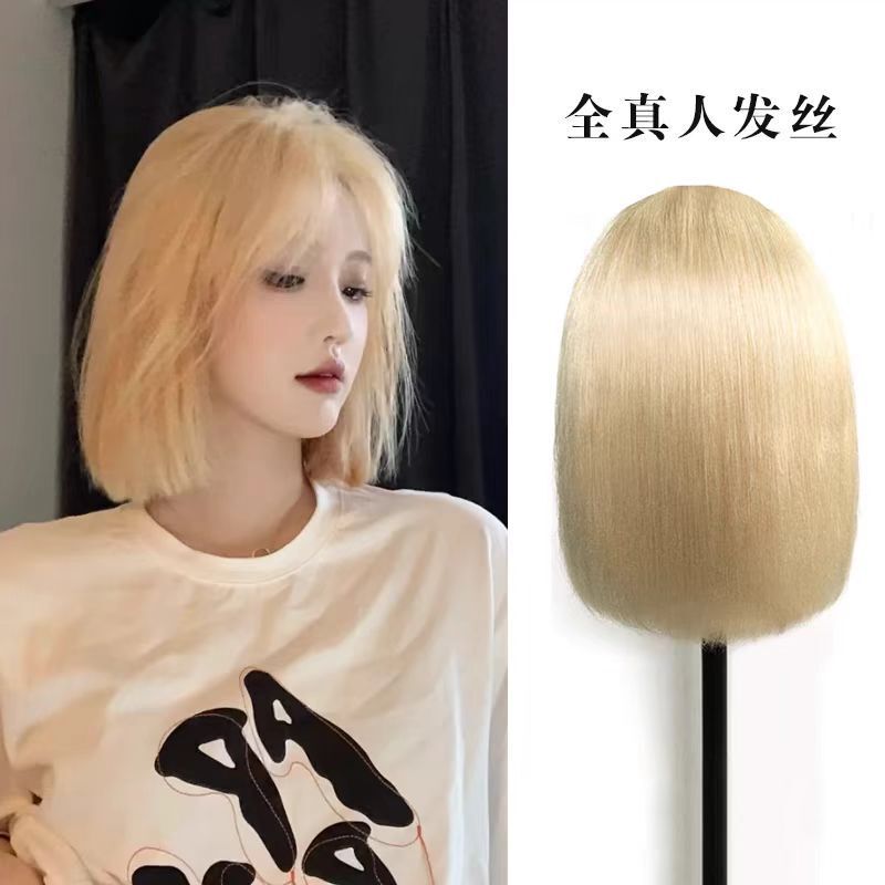 613 light white gold front lace real wig short hair wave head full head cover can be hot dyed free sewn
