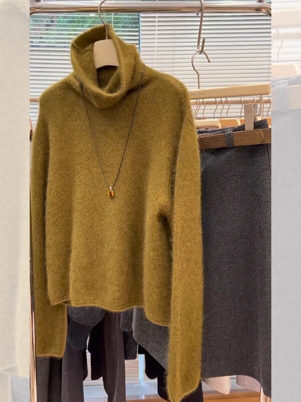 Mustard Yellow Turtleneck Pullover Long-Sleeved Sweater for Women in Autumn and Winter Loose Lazy Style Inner Layering Knitted Top