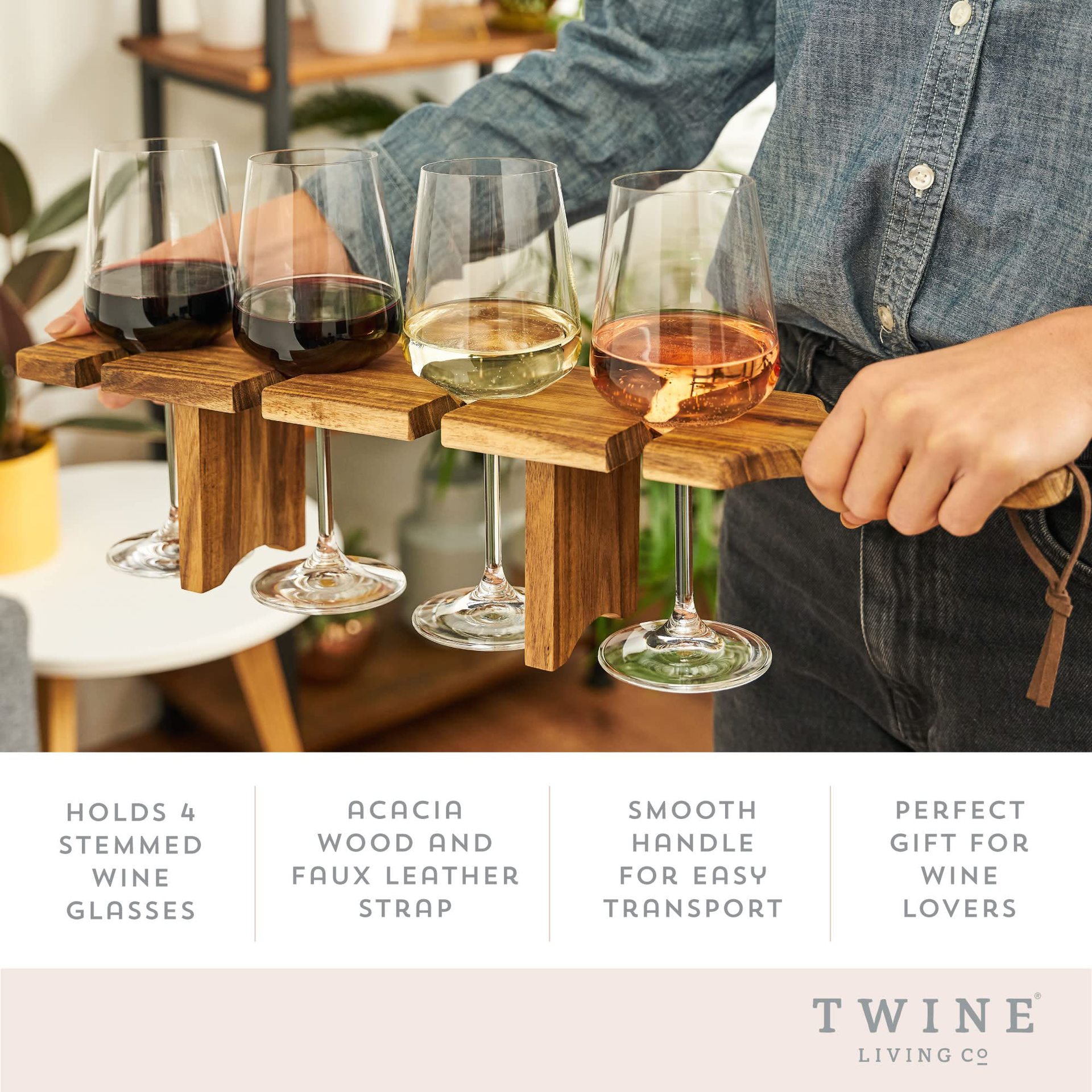 Household Wooden Wine Glass Holder Made of Acacia Wood with Handle Wooden Tray Wine Glass Storage Rack