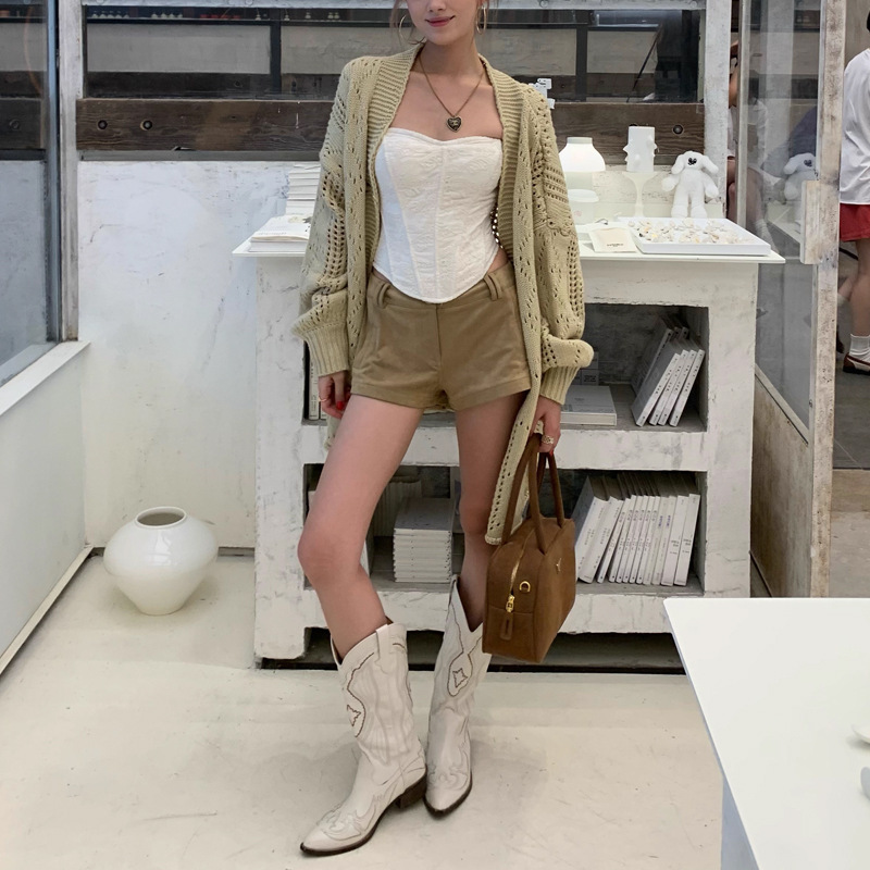V领慵懒北海道黄昏 杏色镂空针织开衫女早秋2025新款宽松休闲外套|undefined