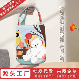 可爱卡通印花手拎水桶包日常百搭帆布包手提包学生通勤杂物包代发