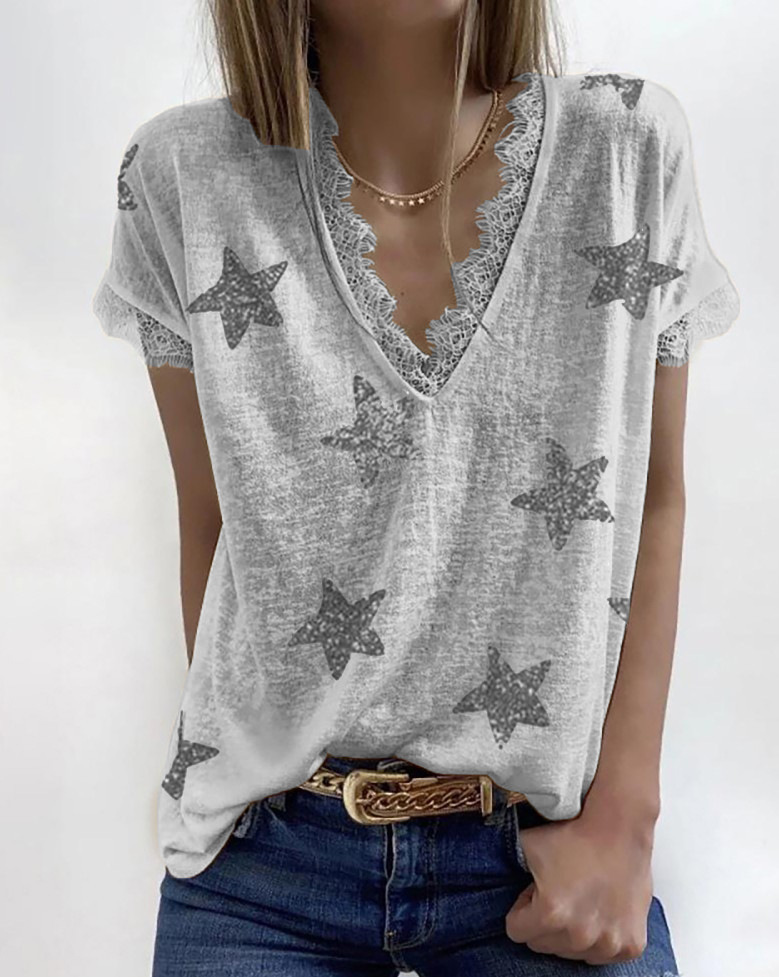 Sequined Five-Pointed Star Printed V-Neck T-Shirt NSYHY106850