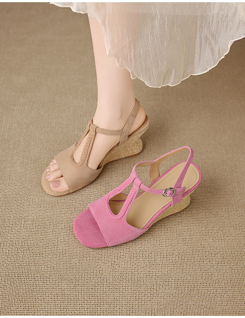 Sandal cao gót nữ hở mũi đế xuồng đan rơm, quai chữ T da lộn — Hồng, màu mơ chi tiết 11