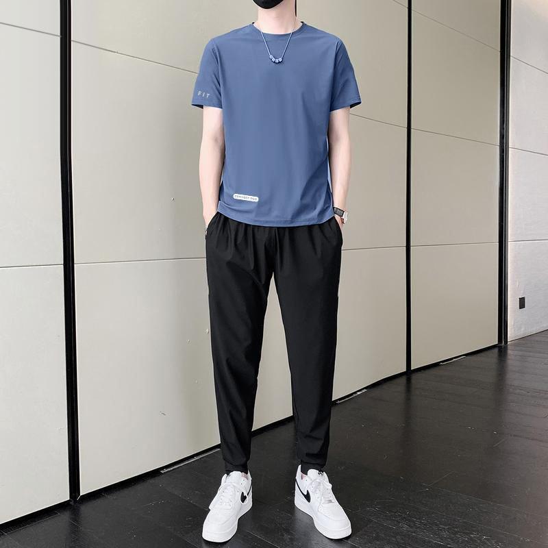 Men's Summer Breathable Quick-Drying Elastic Short-Sleeve Pants Round Neck Sports Suit Set