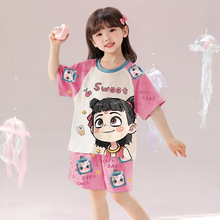 女童纯棉睡衣韩版宽松夏季短袖透气中大童圆领女孩家居服两件套夏