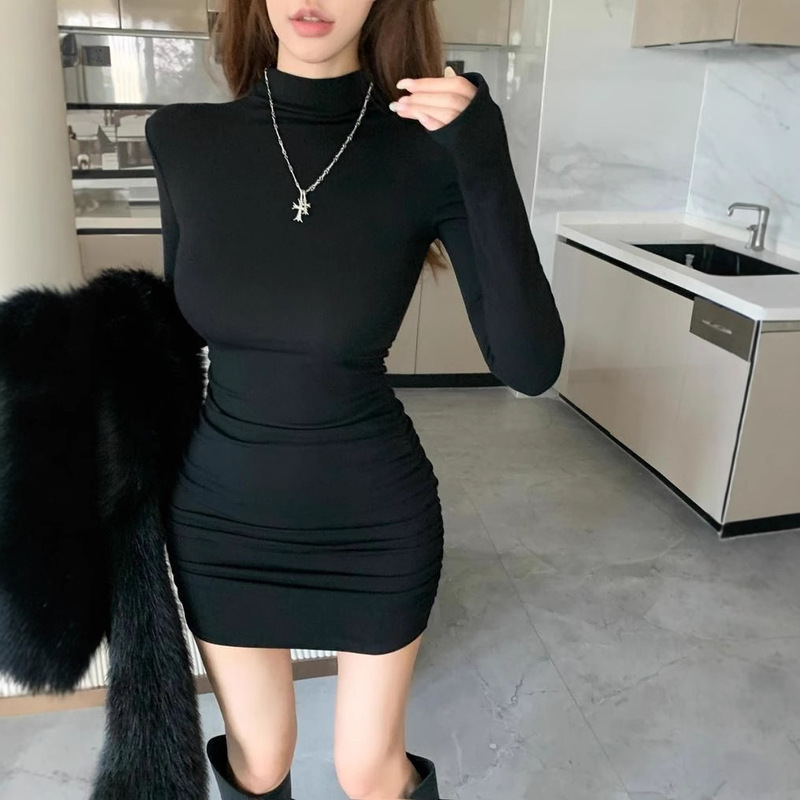 Spice Girls Half-high Collar Long-sleeved dress Women's Autumn and Winter Slim-fit Hip Skirt Inner Base Skirt Pure Style Short Skirt