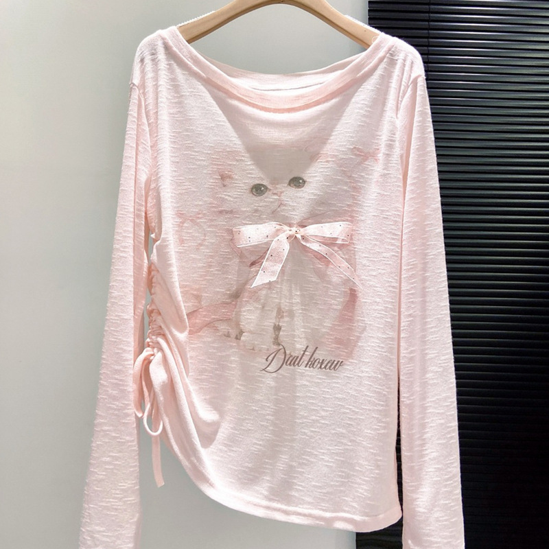 Clearance Sale at the Mall ~ Korean Chic Printed Semi-Sheer Long-Sleeve T-Shirt, Lazy Style Casual Top
