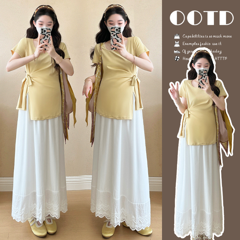 Maternity Summer Outfit Set, Fashionable New Style Short-Sleeve Design Top and Skirt, High-End Maternity Wear Long Skirt