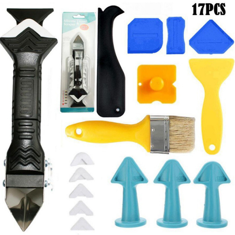 17件套美缝喷嘴吸塑3合1金属刮刀密封胶清洁工具填缝工具套件
