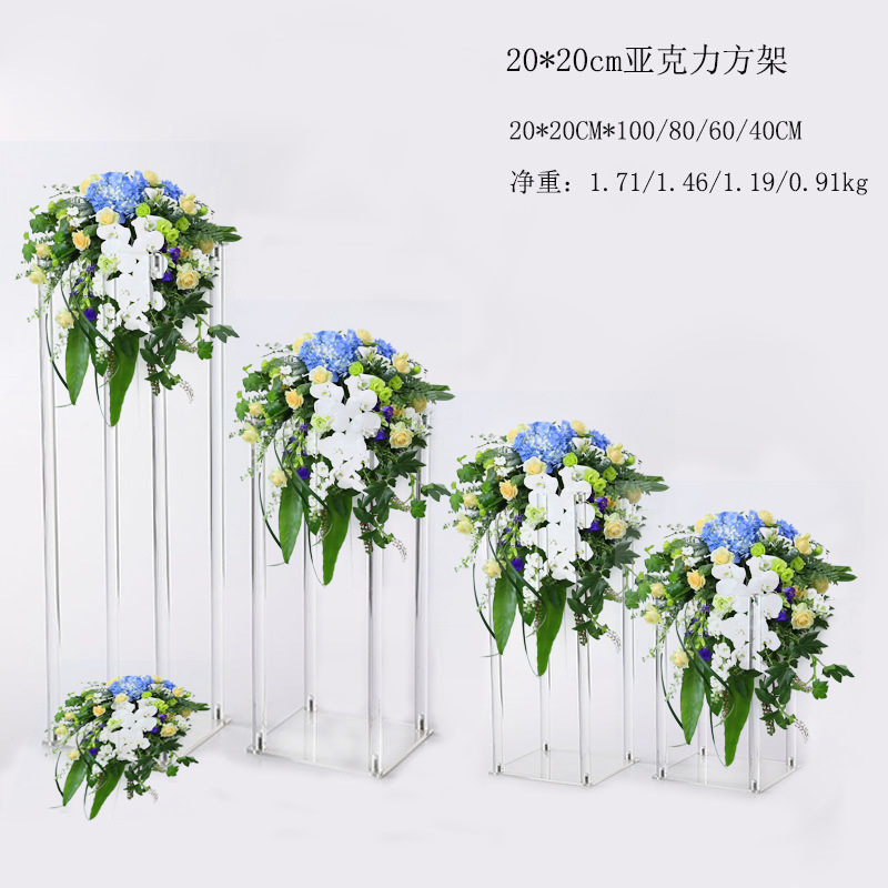 新しい結婚式の道具の透明なアクリルの正方形の棚の結婚式のテーブルは花の棚の屋外の結婚式の場所を並べて装飾品を配置します。|undefined