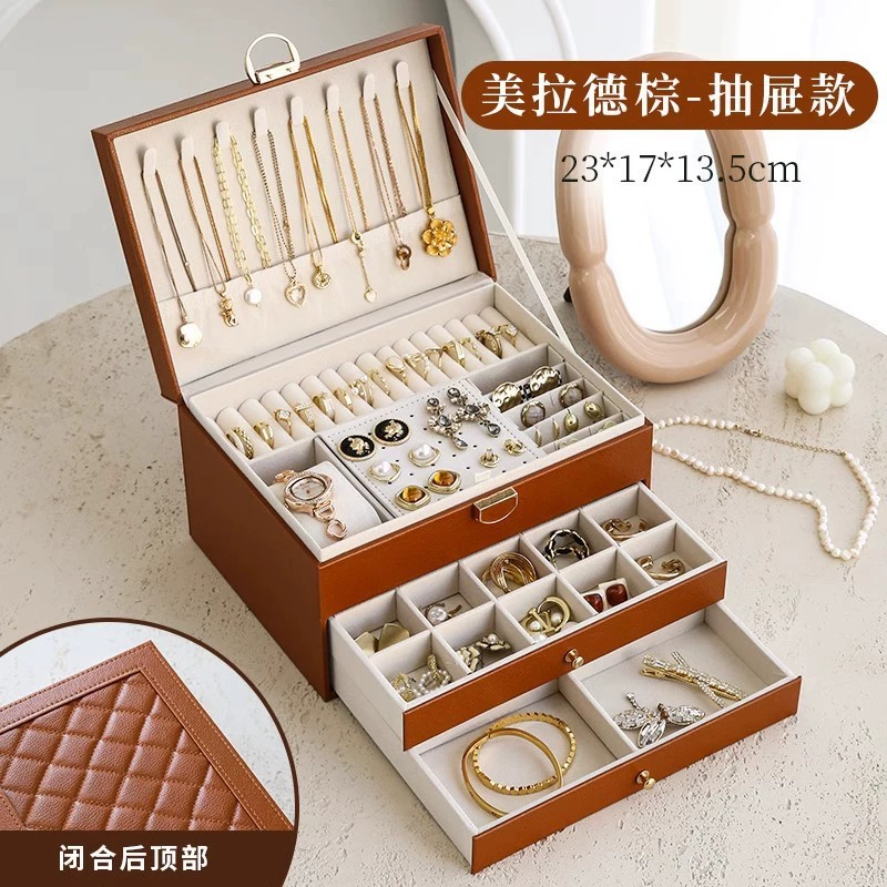 Jewelry storage box, handheld multi-layer organizer with zipper or key lock, small–large