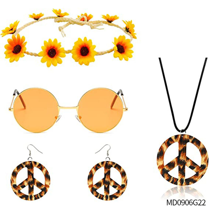 Accesorios de vestir hippies de la década de 1960, diadema de girasol, gafas redondas, conjunto de aretes de collar de talismán de paz