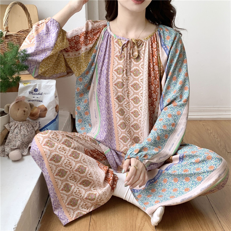 2024 Autumn and Winter Long Sleeve National Style Pajamas Women's New Online Celebrity Live Broadcast Loose plus size Women's Home Clothes Can be Wearing